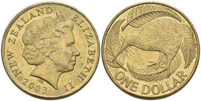 Новая Зеландия 1 доллар 2003 Елизавета II (1952-2022), птица киви  KM 120 алюминиевая бронза 41-941