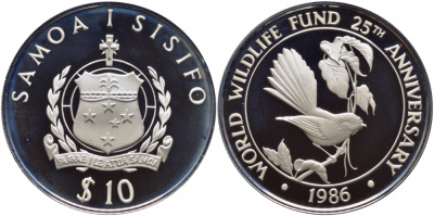 Самоа 10 тала 1986 25 лет WWF, самоанский куриный голубь KM 72 серебро PROOF 01-146-23