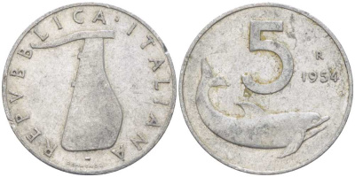 ИТАЛИЯ 5 ЛИР 1954 R, РУЛЬ, ДЕЛЬФИН KM 92 алюминий 175-111