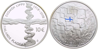 Финляндия 10 евро 2008 90 лет Финскому флагу, цветная эмаль KM 140 серебро  PROOF 1085-9-52