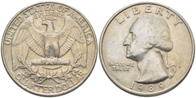 США 25 ЦЕНТОВ = КВОТЕР 1989 Р, ВАШИНГТОН KM А164а медь плакированная медно-никелем 117-256