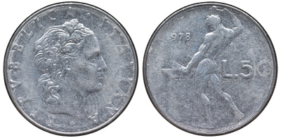 Италия 50 лир 1978 R, бог Вулкан у наковальни KM 95.1 нержавеющая сталь 4142-1144