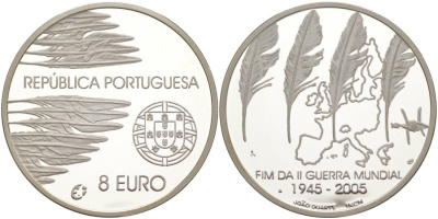 Португалия 8 евро 2005 60 лет окончания 2-ой мировой войне KM 773а серебро PROOF 01-345-25