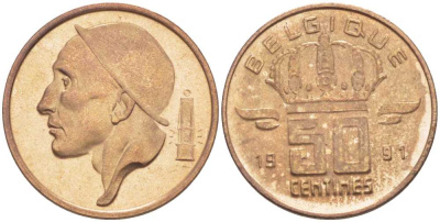 БЕЛЬГИЯ 50 САНТИМОВ 1991 BELGIQUE, БОДУЭН I (1951-1993) KM 148.1 бронза 214-647