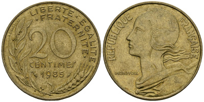 Франция 20 сантимов 1985 тип Marianne KM 930 медь алюминий никель 4135-624