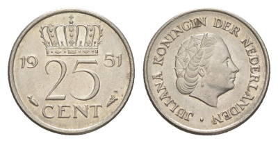 Нидерланды 25 центов 1951 Юлиана (1948-1980) KM 183 никель 4643-239