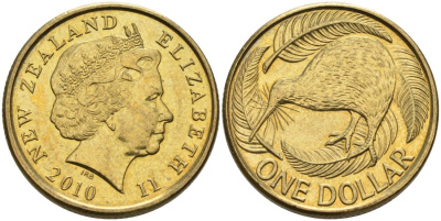 Новая Зеландия 1 доллар 2010 Елизавета II (1952-2022), птица киви  KM 120 алюминиевая бронза 61-616