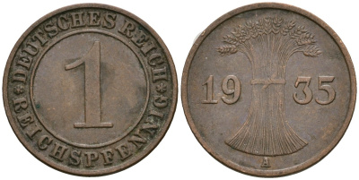 Германия 1 рейхспфенниг 1935 A KM 37, J. 313 бронза 4528-544