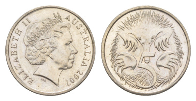 Австралия 5 центов 2007 Елизавета II (1952-2022), ехидна KM 401 медно-никель 4154-267