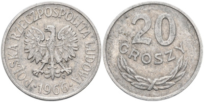 Польша 20 грошей 1966 MW, Народная Республика KM А47, Parchimowicz 208f алюминий 4580-646
