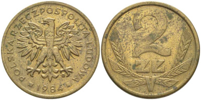 ПОЛЬША 2 ЗЛОТЫХ 1984 MW KM 80.1 латунь 117-312