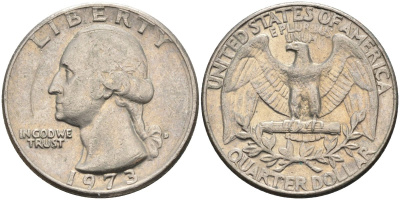 США 25 центов (квотер) 1973 D, Вашингтон KM 164a медь плакированная медно-никелем 4584-1026