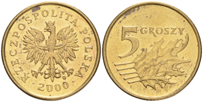 Польша 5 грошей 2000 MW KM 278, Parchimowicz 703g латунь 4516-1238