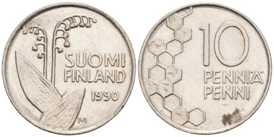 ФИНЛЯНДИЯ 10 ПЕННИ 1990 М, ЛАНДЫШ KM 65 медно-никель 192-1138