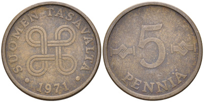 Финляндия 5 пенни 1971 KM 45 медь 4585-924