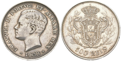 Португалия 500 реалов 1908 Мануэл II (1908-1910) KM 547 серебро 272-1741