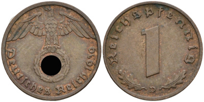 Германия 1 рейхспфенниг 1939 D KM 89, J 361 бронза 4136-1152