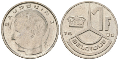 Бельгия 1 франк 1990 Belgie, Бодуэн I (1951-1993) KM 171 нержавеющая сталь 4532-721