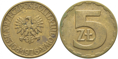 Польша 5 злотых 1976 монетный двор Ленинград (ЛМД) KM 81.1, Parchimowicz 221b латунь 3856-1114