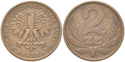 Польша 2 злотых 1975 Y 80.1 латунь 4614-657