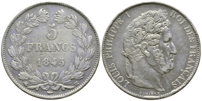 Франция 5 франков 1845 BB, Луи Филипп I (1830-1848) KM 749.3 серебро 00-00