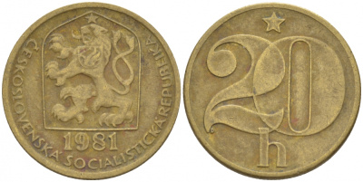 ЧЕХОСЛОВАКИЯ 20 ГЕЛЛЕРОВ 1981 KM 74 латунь 3309-666
