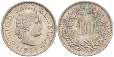 ШВЕЙЦАРИЯ 10 РАППЕНОВ 1969 В KM 27 медно-никель 55-417