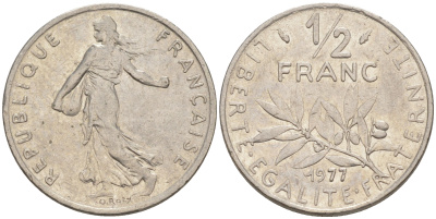 Франция 1/2 франка 1977 сеятель KM 931.1, LE FRANC 198.16 никель 55-846