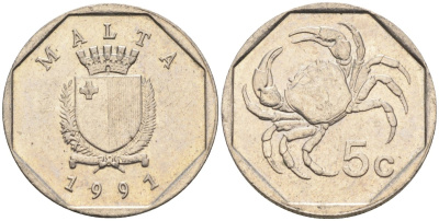Мальта 5 центов 1991 краб KM 95 медно-никель 4387-1059