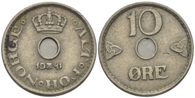 НОРВЕГИЯ 10 ЭРЕ 1941 ХОКОН VII (1905-1957) KM 383 медно-никель 100-118