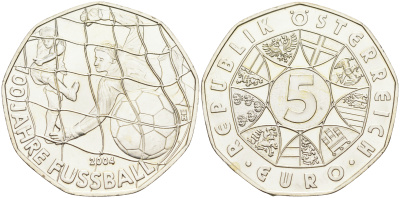 Австрия 5 евро 2004 100 лет австрийскому футболу KM 3113 серебро UNC 1522-1413