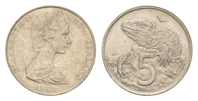 Новая Зеландия 5 центов 1980 Елизавета II (1952-2022), ящерица гаттерия KM 34 медно-никель 4651-214