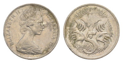 Австралия 5 центов 1976 Елизавета II (1952-2022) молодой портрет, ехидна KM 64 медно-никель 4152-145