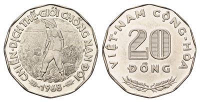 Южный Вьетнам 20 донгов 1968 ФАО, CHIẾN-DỊCH THẾ-GIỚI CHÕNG NẠN ÐÓI KM 11 сталь плакированная никелем UNC 91-836