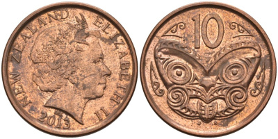 Новая Зеландия 10 центов 2013 маска Маори, Елизавета II (1952-) KM 117а сталь плакированная медью 89-424