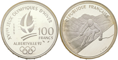 Франция 100 франков 1989 XVI Зимние Олимпийские игры 1992 в Альбервиле, горные лыжи, гигантский слалом KM 971 серебро  PROOF  11-082-35