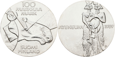 Финляндия 100 марок 1989 Центральный художественный музей Атенеум, лось KM 75 серебро UNC 1525-1332