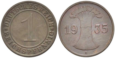 ГЕРМАНИЯ 1 РЕЙХСПФЕННИГ 1935 E KM 37, J. 313, Weege 2 бронза 206-849