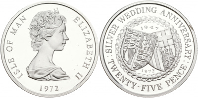 Остров Мэн 25 пенсов 1972 25 лет свадьбы Елизаветы II и Филиппа, гербы KM 25a серебро PROOF 11-012-32