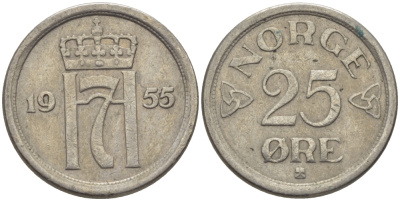 НОРВЕГИЯ 25 ЭРЕ 1955 KM 401 медно-никель 100-126