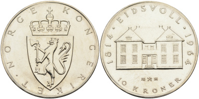 Норвегия 10 крон 1964 150 лет Конституции КМ 413 серебро 3896-114