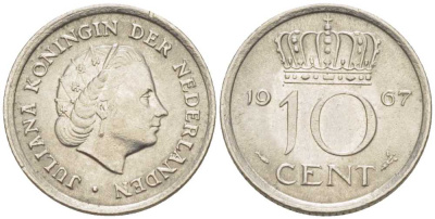 НИДЕРЛАНДЫ 10 ЦЕНТОВ 1967 ЮЛИАНА (1948-1980) KM 182 никель 214-1228