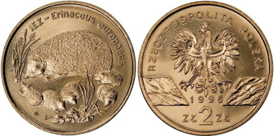 Польша 2 злотых 1996 MW, серия сохраним природу, еж с ежатами KM 311 нордик  UNC  1526-111