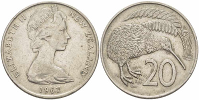 Новая Зеландия 20 центов 1967 Елизавета II (1952-2022), птичка киви KM 36.1 медно-никель 109-443