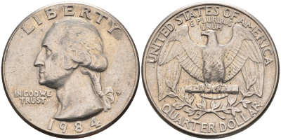 США 25 центов (квотер) 1984 D, Вашингтон KM A164a медь плакированная медно-никелем 4584-1215