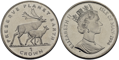 Остров Мэн 1 крона 1994 серия сохраним наш мир, олень и  олененок КМ 387 медно-никель UNC M91-03