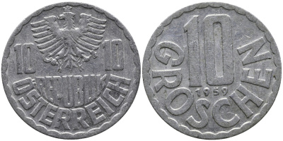 Австрия 10 грошей 1959 KM 2878 алюминий 33-352