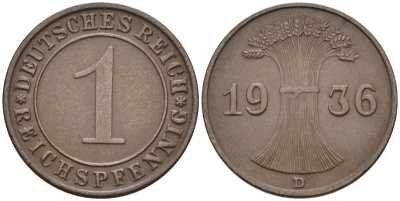 Германия 1 рейхспфенниг 1936 D KM 37, J.313, Weege 2 медь 4585-641
