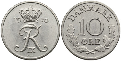 Дания 10 эре 1970 Фредерик IX (1947-1972) KM 849 медно-никель 187-143