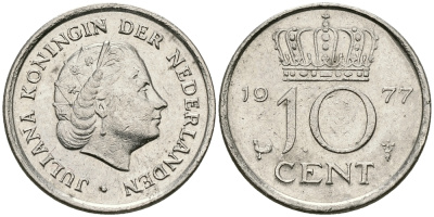 НИДЕРЛАНДЫ 10 ЦЕНТОВ 1977 ЮЛИАНА KM 182 никель 96-414